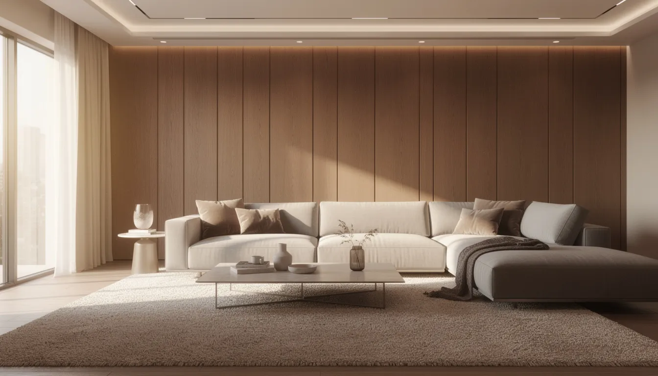 Een luxe woonkamer met een comfortabele hoekbank en een zacht vloerkleed, verfraaid met wandpanelen in een warme houtkleur. De akoestische panelen aan de muur dragen bij aan een serene sfeer in de ruimte.