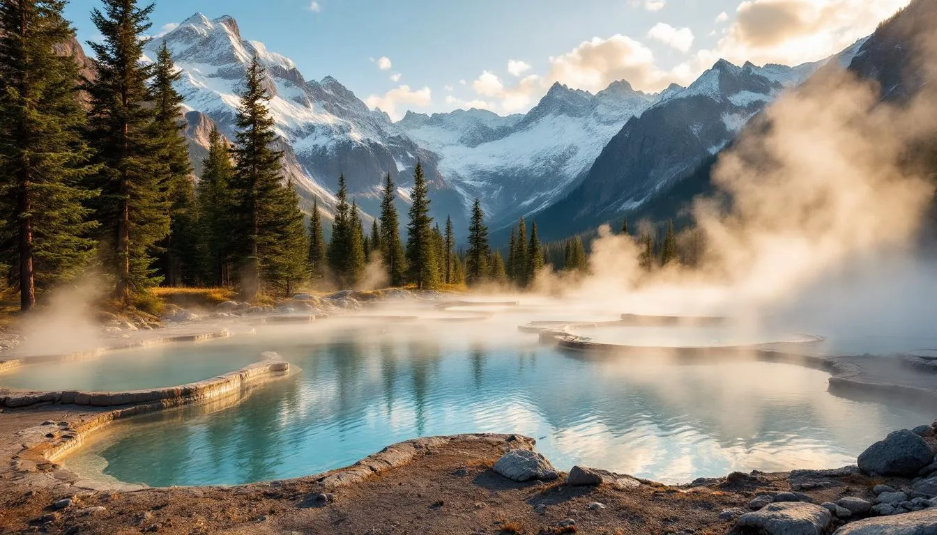 Steaming mineral hot springs surrounded by snowy mountains in Steamboat Springs, Colorado