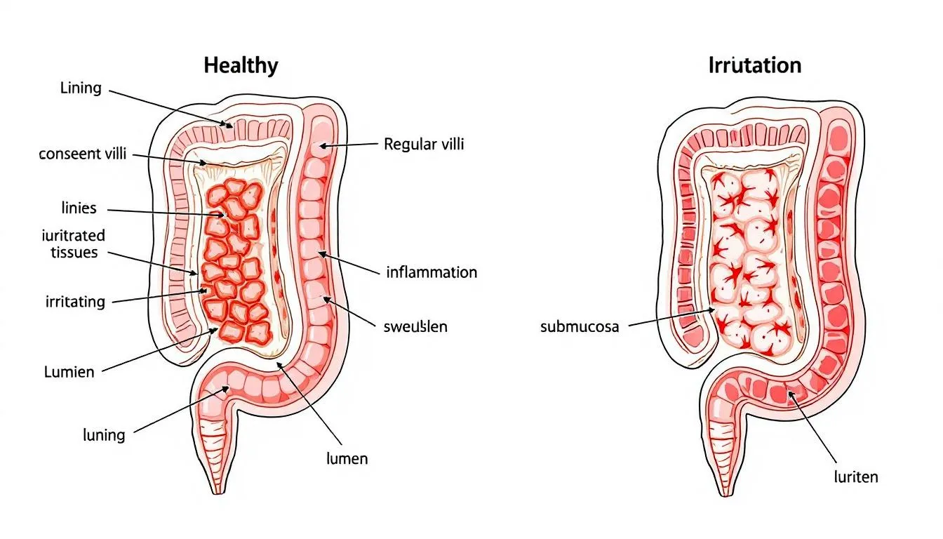 The image depicts a cross-section of the intestinal tract, contrasting a healthy intestinal lining with one affected by irritable bowel syndrome (IBS), highlighting areas of inflammation and irritation. This illustration serves to educate about the differences in bowel function and symptoms associated with gastrointestinal disorders like IBS and inflammatory bowel disease.