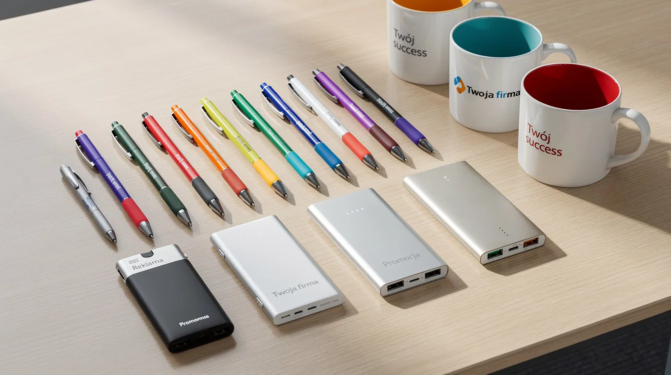 Na biurku znajdują się różnorodne gadżety promocyjne, takie jak długopisy, kubki i powerbanki, które mogą być wykorzystywane w działaniach marketingowych. Te przedmioty są doskonałym wsparciem dla agencji reklamowej, pomagając w osiągnięciu celów biznesowych i zwiększeniu rozpoznawalności marki.