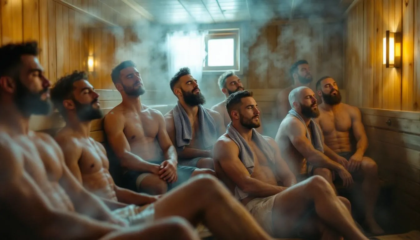 The image depicts team of athletes relaxing in a sauna after an intense workout session, utilizing the heat therapy to enhance muscle recovery and reduce muscle soreness. The sauna increases blood flow, aiding in the recovery process and promoting overall wellness and improved sleep quality.
