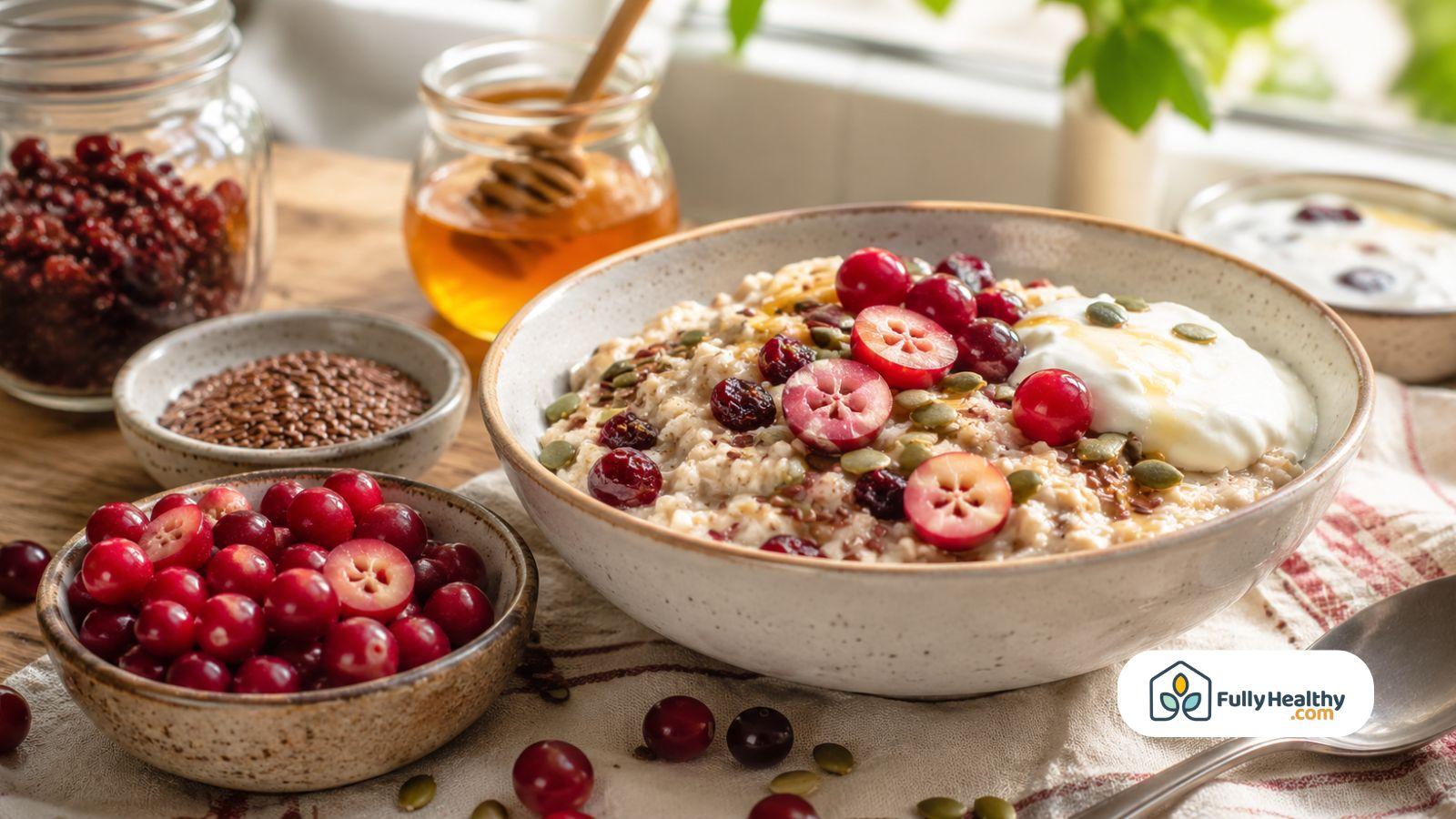 Oatmeal topped with cranberries seeds yogurt and natural sweeteners