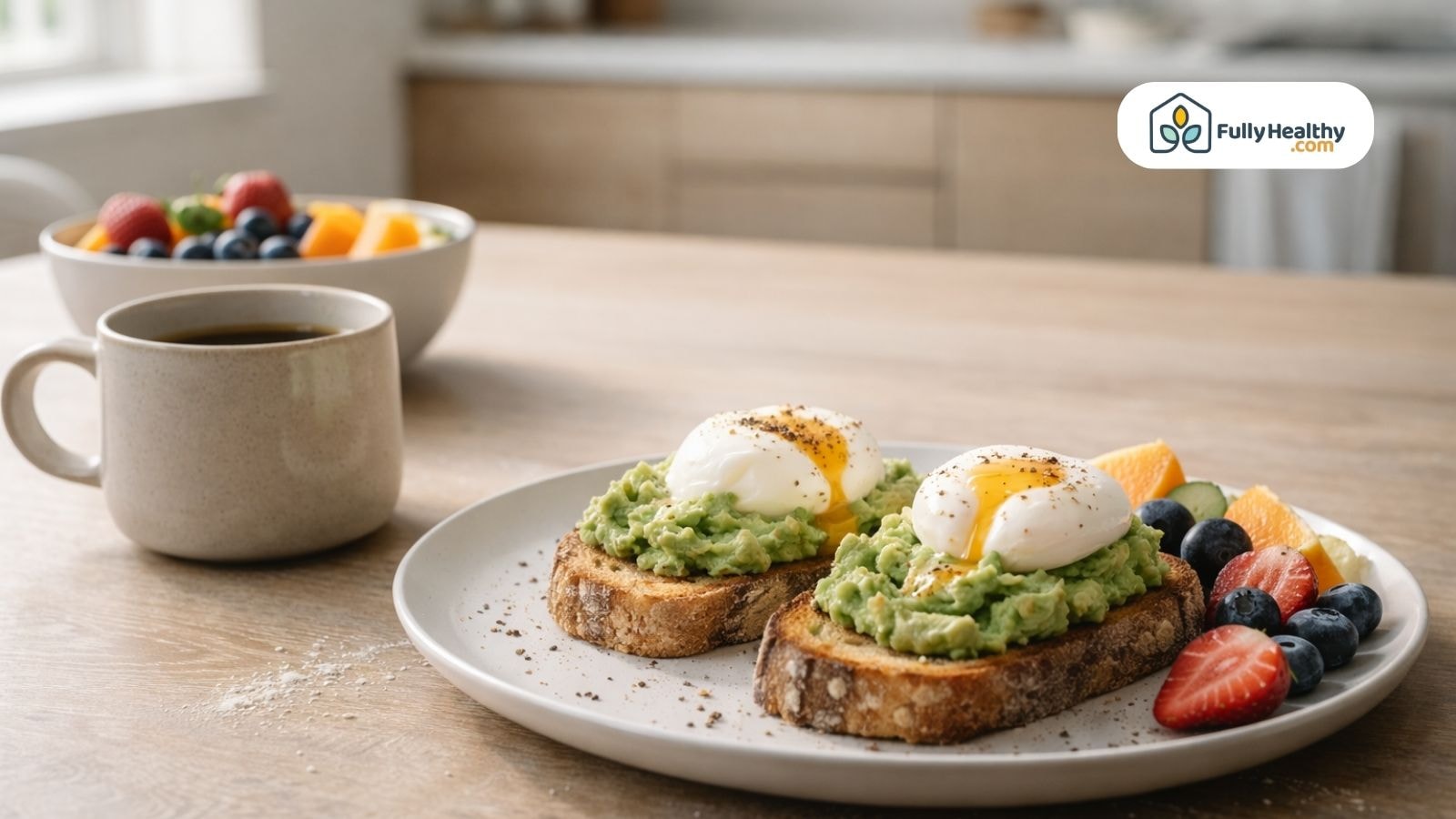 Avocado toast with poached eggs and fresh fruit