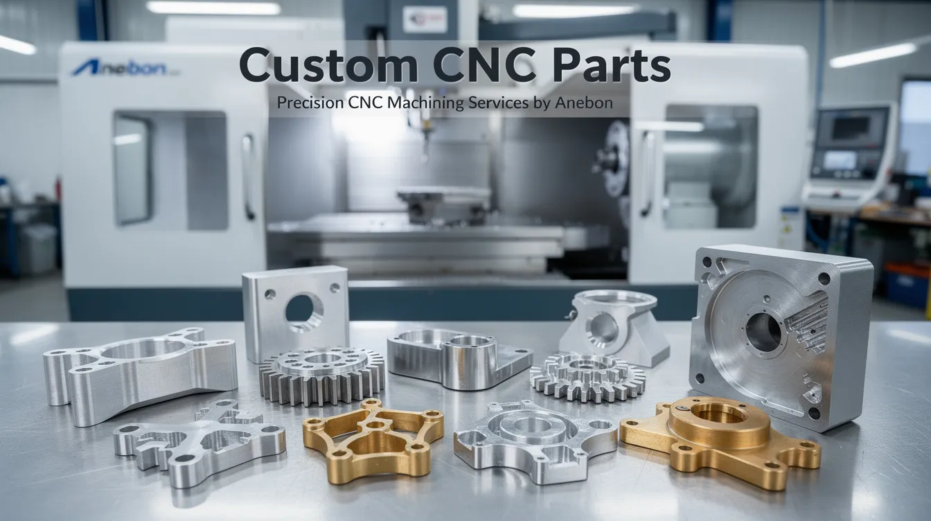 The image showcases a range of custom CNC parts produced through precision CNC machining services, highlighting various materials like aluminum alloys and stainless steel. It emphasizes the intricate designs and tight tolerances achieved in the CNC machining process, suitable for applications in industries such as automotive and aerospace.