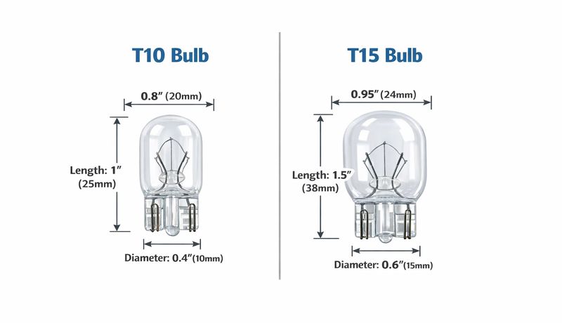 T10, T15 bulb size showing length and diameter measurements