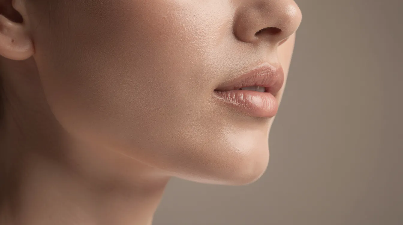 The image features a close-up view of a person's sharp, well-defined jawline from a side profile angle, highlighting the facial structure and symmetry. This defined jawline may be a result of chin liposuction, a cosmetic procedure aimed at removing excess fat and improving skin elasticity for a more sculpted appearance.