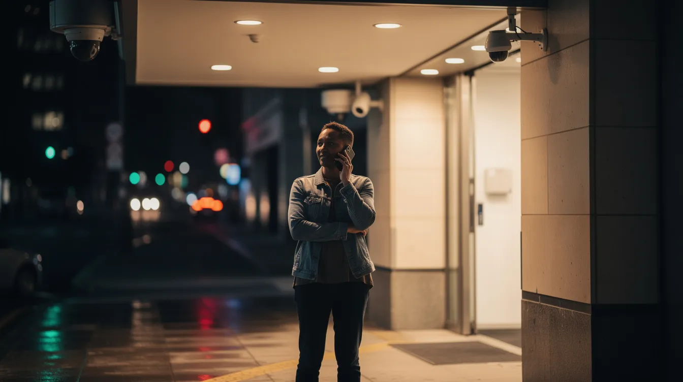 A person is standing safely under a well-lit building entrance at night, engaged in a phone conversation. The adequate lighting highlights the importance of reasonable security measures that property owners should provide to protect guests from potential harm.