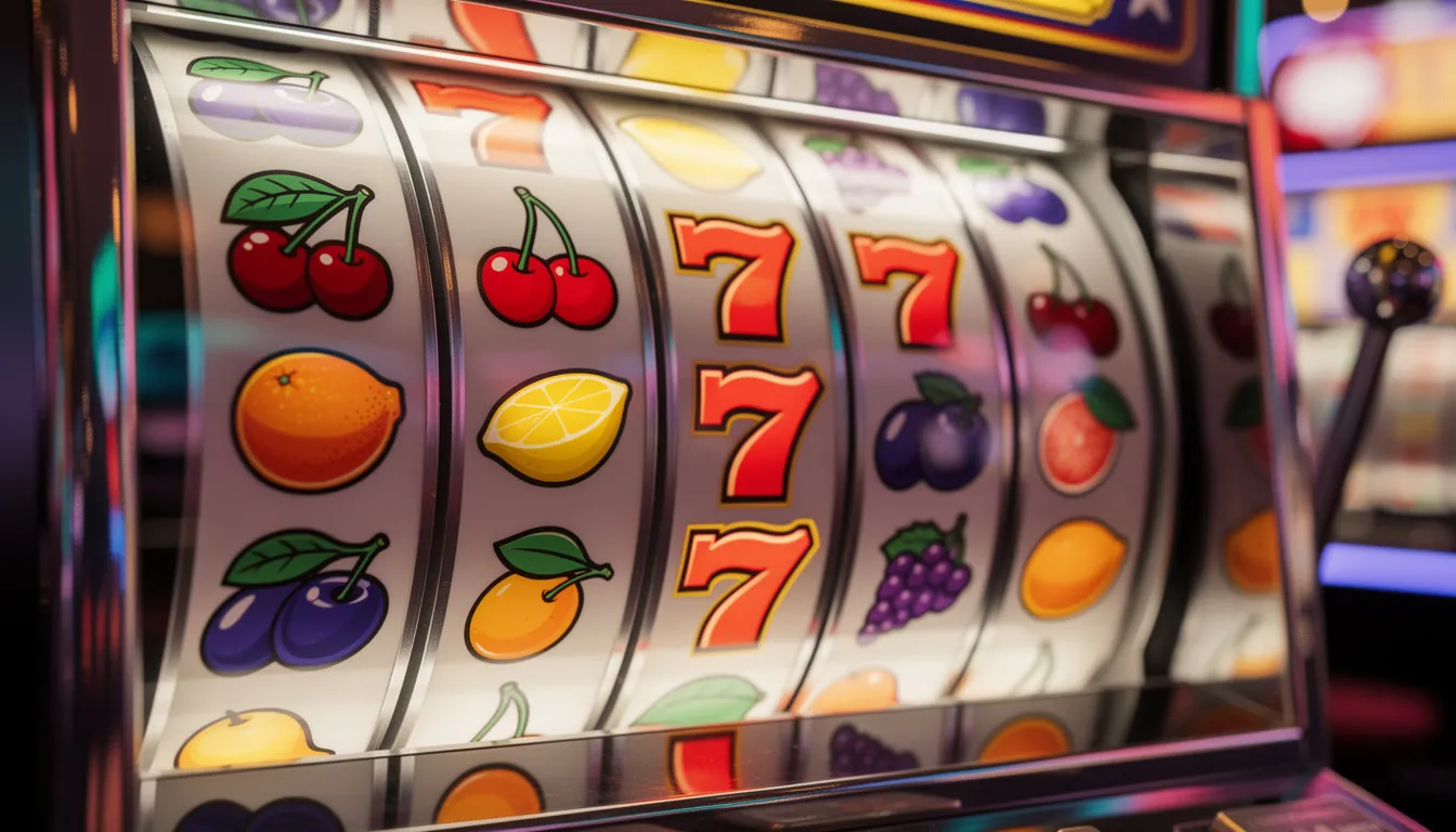 En färgglad spelautomat med snurrande hjul som visar olika fruktsymboler, inklusive körsbär, citroner och vattenmeloner. Denna typ av slot finns ofta på online casinon som igame.com, där spelare kan njuta av free spins och bonusar.
