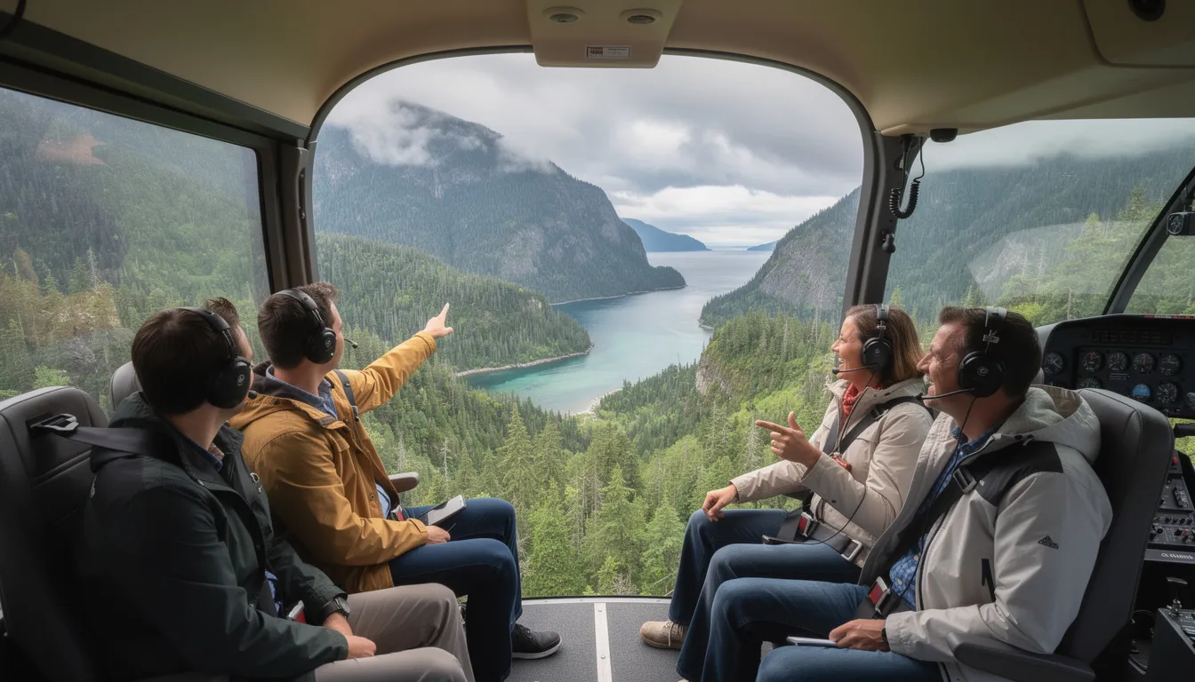 A diverse group of people is seen from inside a helicopter, enjoying a breathtaking aerial view of the Great Bear Rainforest in British Columbia. This collaborative leadership trip highlights the importance of teamwork and shared experiences among the group members as they explore this stunning natural environment.