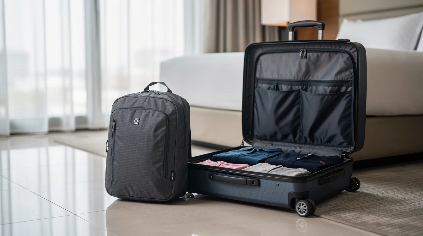 A compact foldable backpack is positioned next to an open suitcase, illustrating its size comparison in a hotel room. This lightweight packable backpack features comfortable shoulder straps and multiple pockets, making it ideal for daily adventures and travel gear organization.
