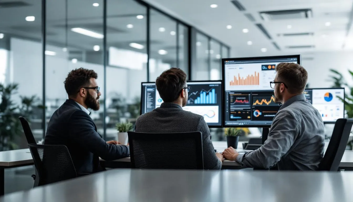 The image depicts a group of business professionals in a modern office setting, intently analyzing digital marketing data displayed on multiple computer screens. They are engaged in discussions about search engine optimization strategies and the effectiveness of their SEO campaigns to enhance organic traffic and improve search engine rankings.