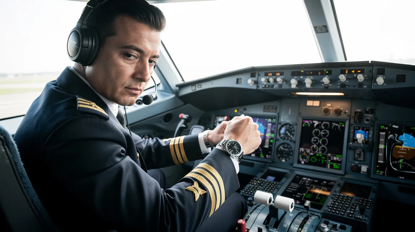 Een piloot in een cockpit kijkt geconcentreerd naar zijn horloge, terwijl de zon ondergaat en het tijdstip van de middag nadert. De tijdsaanduiding op het horloge kan belangrijk zijn voor het verschil tussen am en pm, vooral in Engelstalige landen.