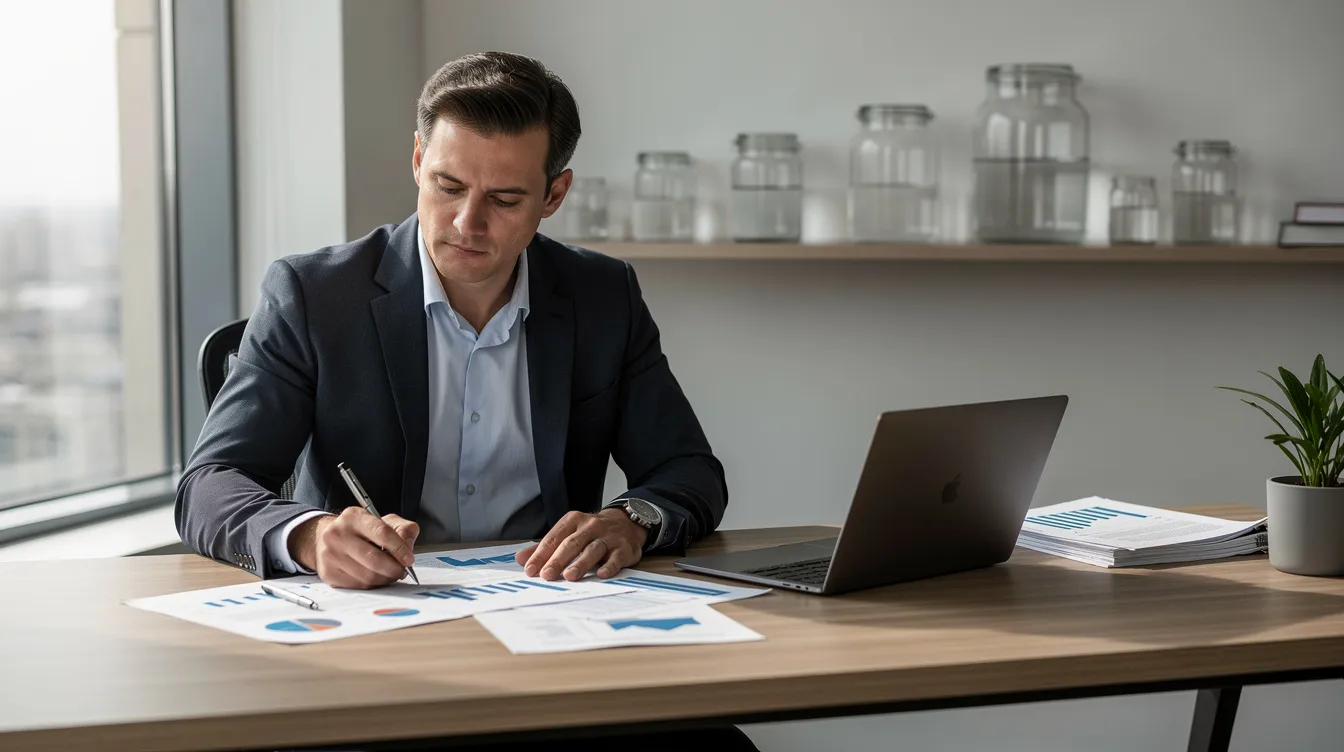 6bcc6338 e5e7 4578 a3fe 9dacc3dba891 An entrepreneur is seated at a desk, intently reviewing a financial report, with water jars visible in the background. The scene reflects a focus on financial projections and business planning, essential for understanding the debt service coverage ratio and preparing a detailed project report for a mudra loan project.