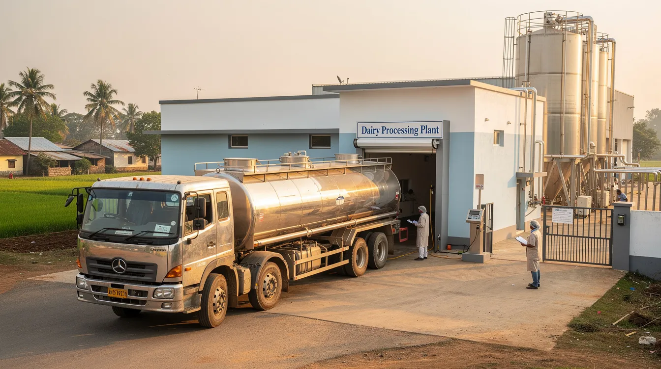 A large stainless steel milk tanker truck is arriving at a modern dairy processing plant in rural India, showcasing the vital role of dairy business operations in the region's economy. This scene reflects the importance of working capital management and efficient supply chain processes in ensuring sufficient working capital for milk production and dairy cooperatives.