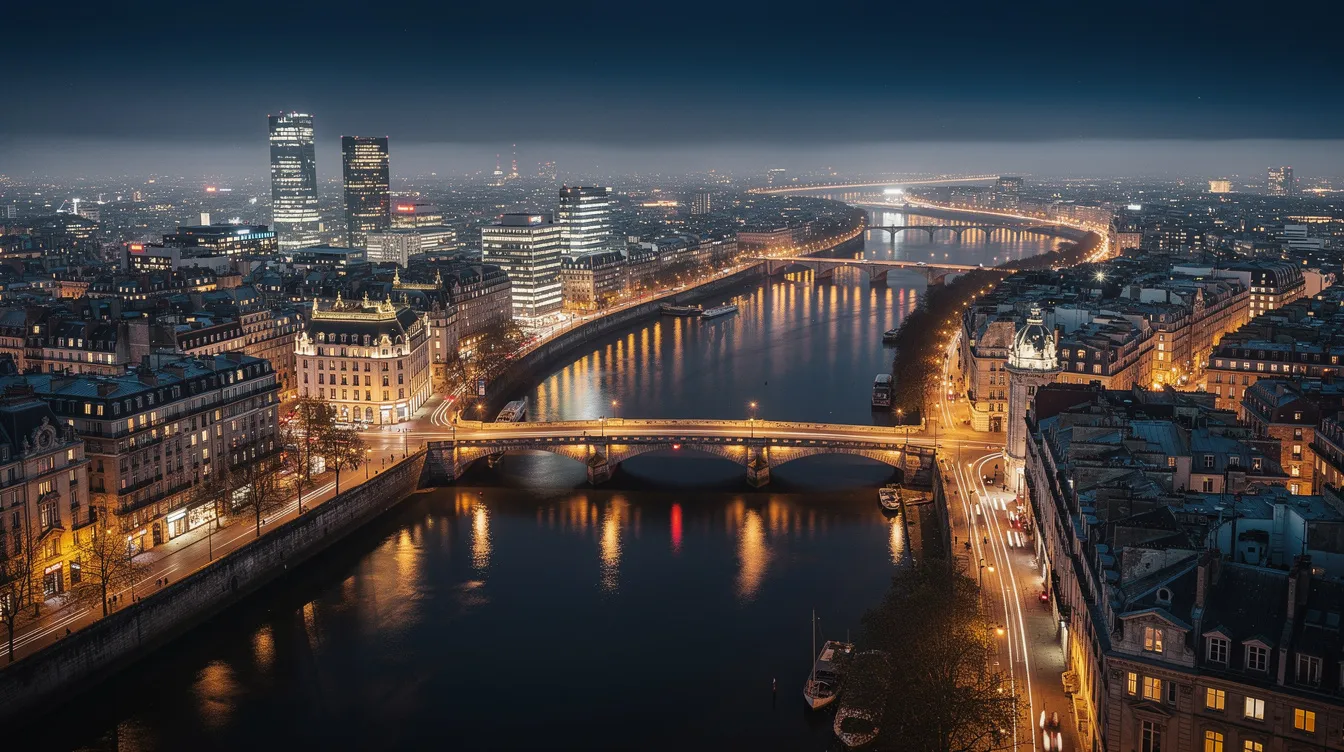 Ein Panoramablick über eine europäische Großstadt bei Nacht zeigt beleuchtete Gebäude, die sich am Ufer eines Flusses spiegeln, während eine filmische Atmosphäre die Szene umgibt. Die Lichter der Stadt schaffen eine dramatische Kulisse, die an die Klänge von Filmmusik erinnert.