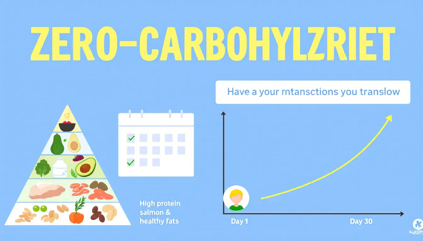 The image depicts a well-organized meal plan for transitioning to a zero-carbohydrate diet, highlighting low carbohydrate foods such as leafy greens, healthy fats, and non-starchy vegetables. This visual serves as a guide for individuals looking to lose weight and improve their health through low carb eating habits.