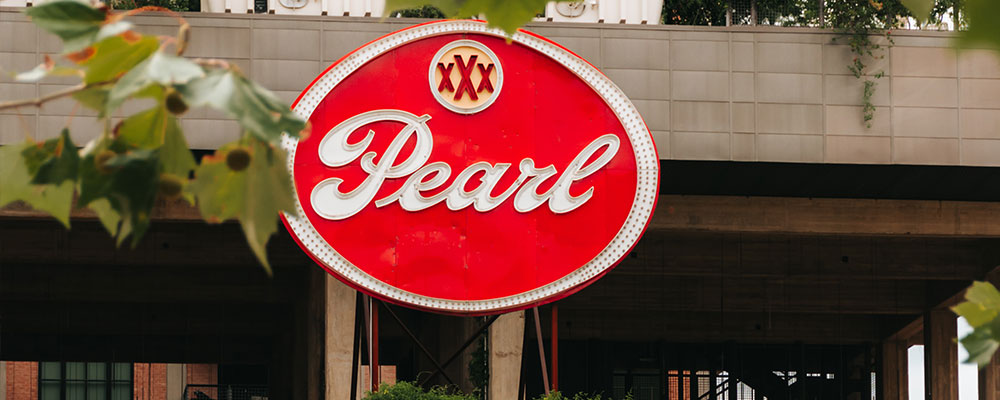A picture of the pearl sign near food hall in San Antonio, TX