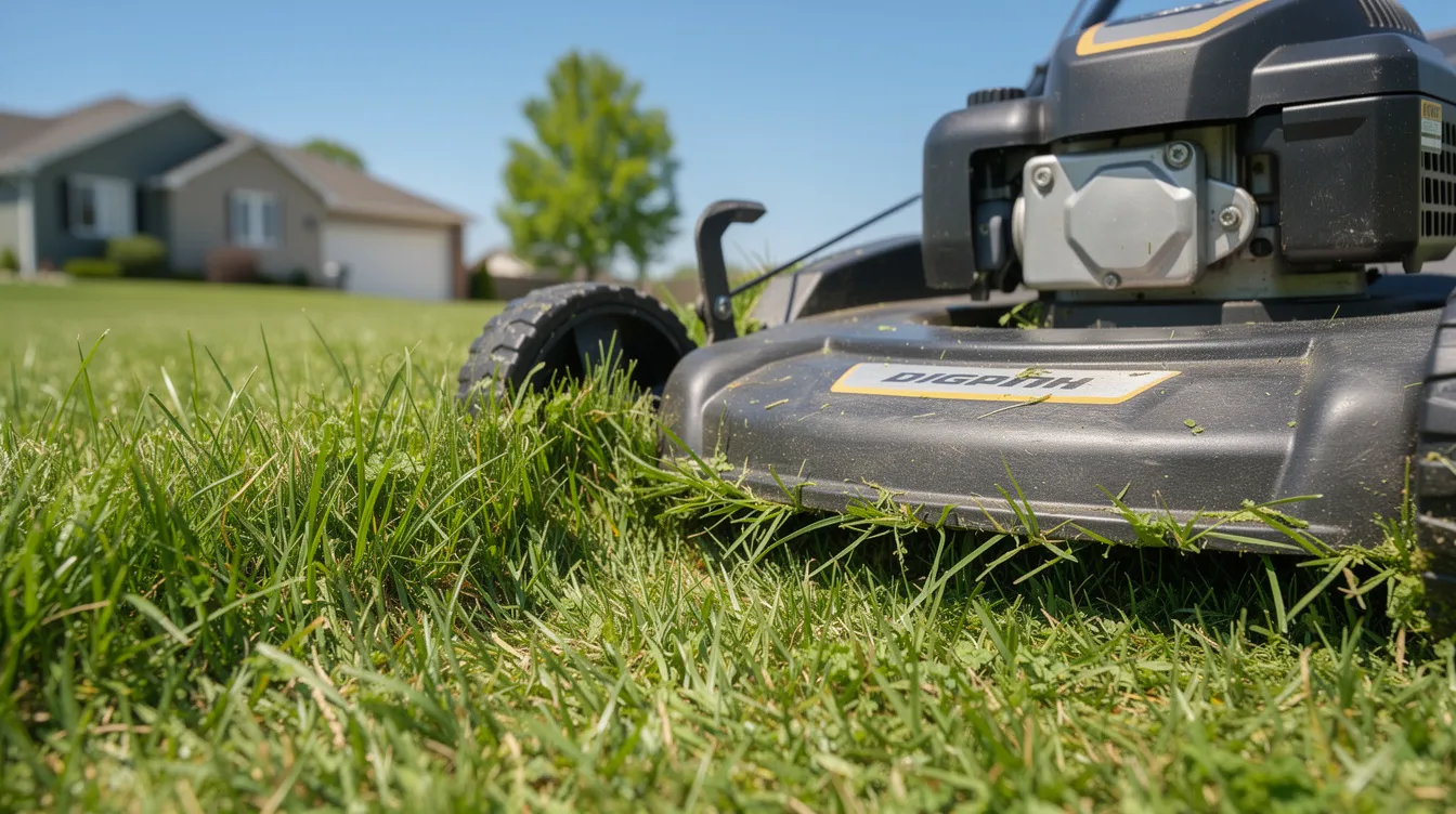 A lawn mower is cutting grass at the correct height on a sunny day, ensuring an even coverage of lush green lawn. This practice promotes overall lawn health by encouraging deeper root growth and effective nutrient uptake, essential for maintaining a vibrant lawn during the growing season.
