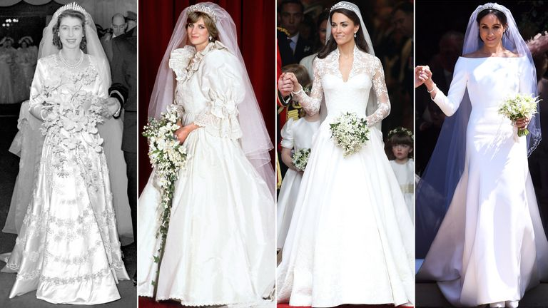 Royal Wedding Dresses: Queen Elizabeth II, Princess Diana, Catherine Duchess of Cambridge, Meghan Duchess of Susex
