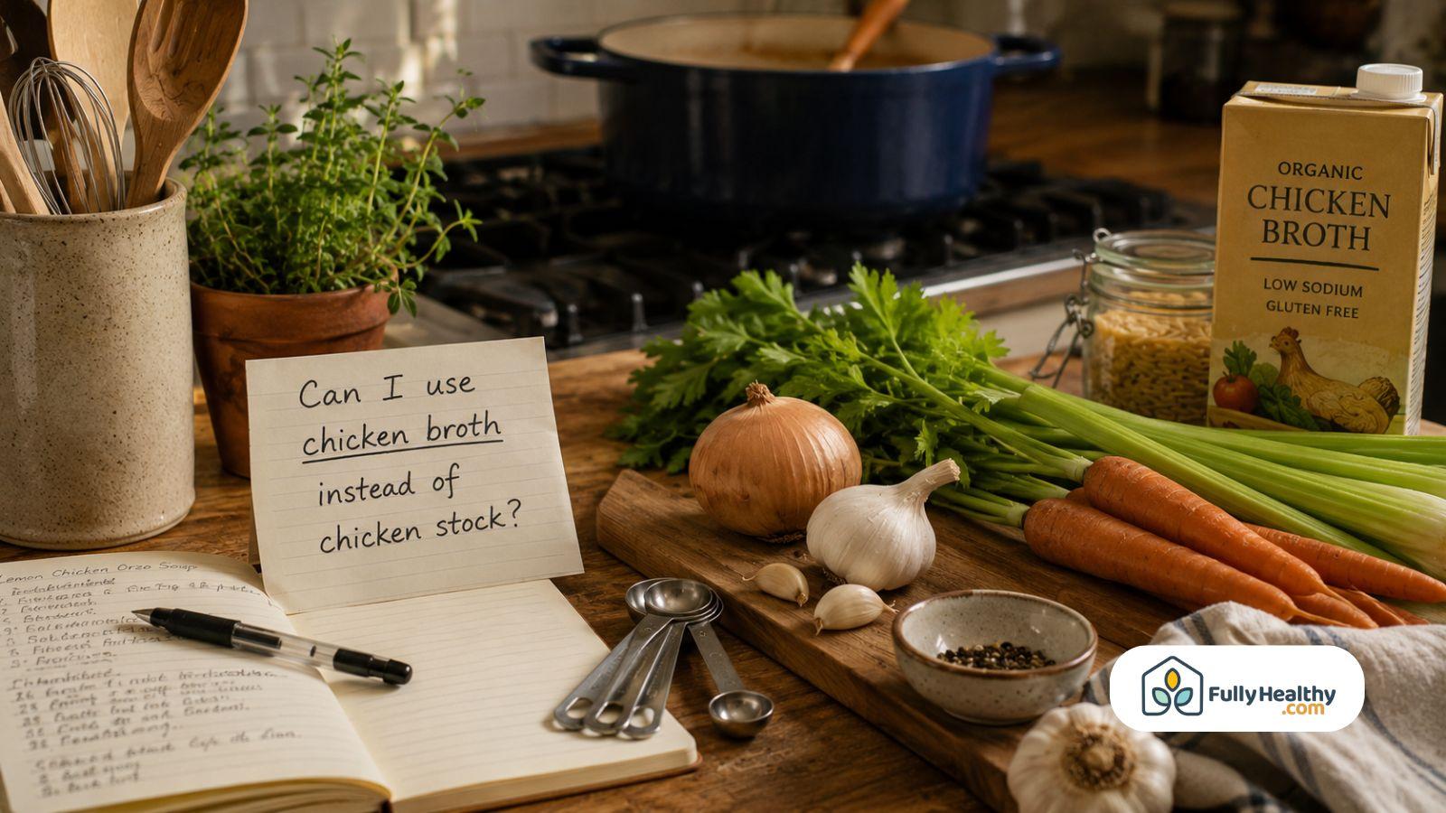 Cooking ingredients arranged beside handwritten broth substitution note