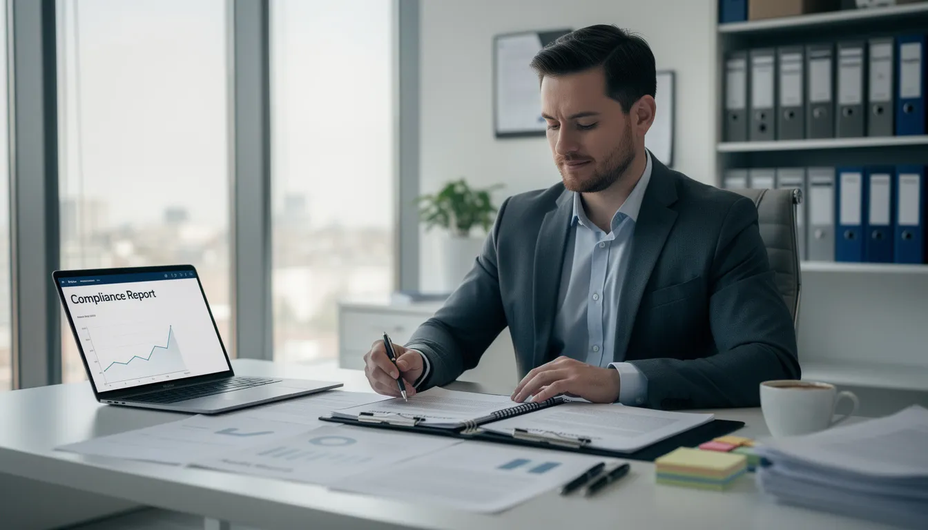 A business owner is calmly organizing compliance documents related to the goods and services tax (GST), ensuring that all necessary tax invoices and records are in order to meet the requirements of the GST law. This process is crucial for managing input tax credits and maintaining compliance with the tax regime in India.