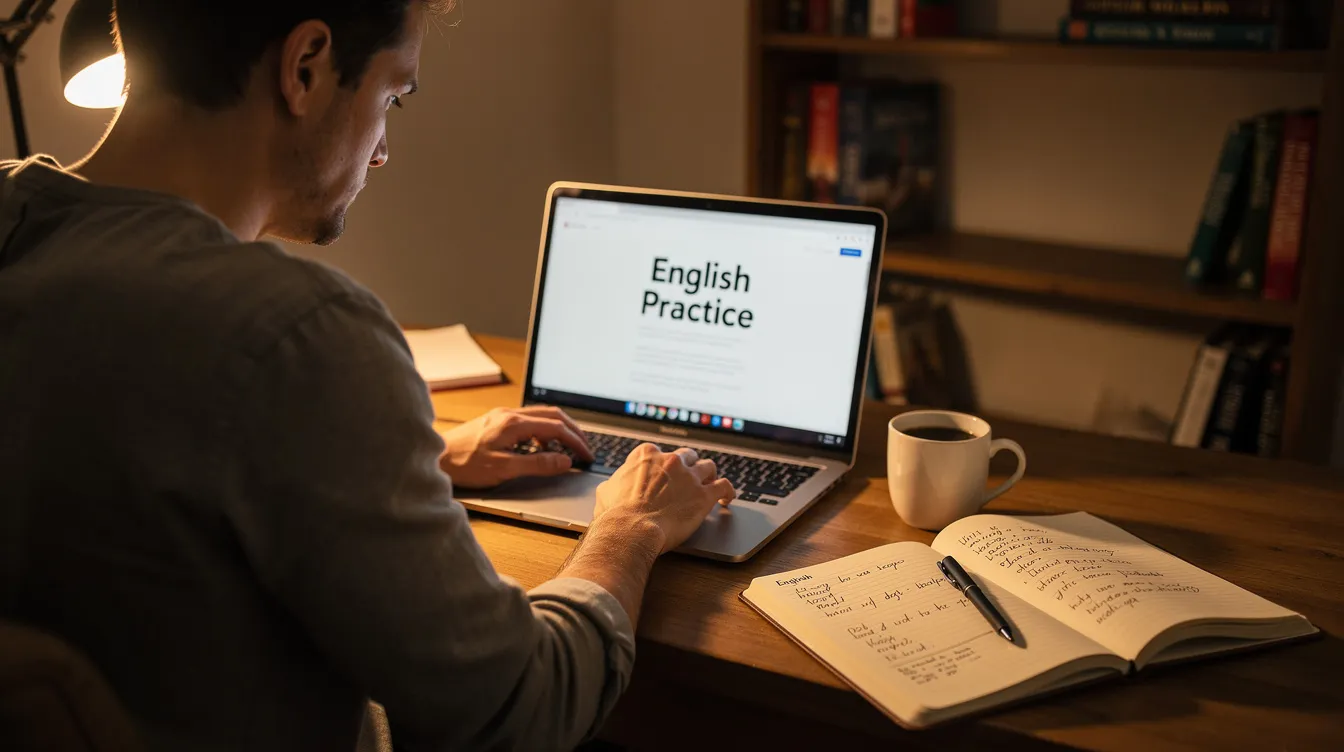 Un adulte est assis à un bureau, révisant l'anglais avec un ordinateur portable ouvert et un carnet à côté, illustrant l'engagement envers l'apprentissage de la langue, même en travaillant à temps plein. Cette scène reflète le quotidien de ceux qui cherchent à améliorer leurs compétences linguistiques pour des raisons professionnelles ou personnelles.