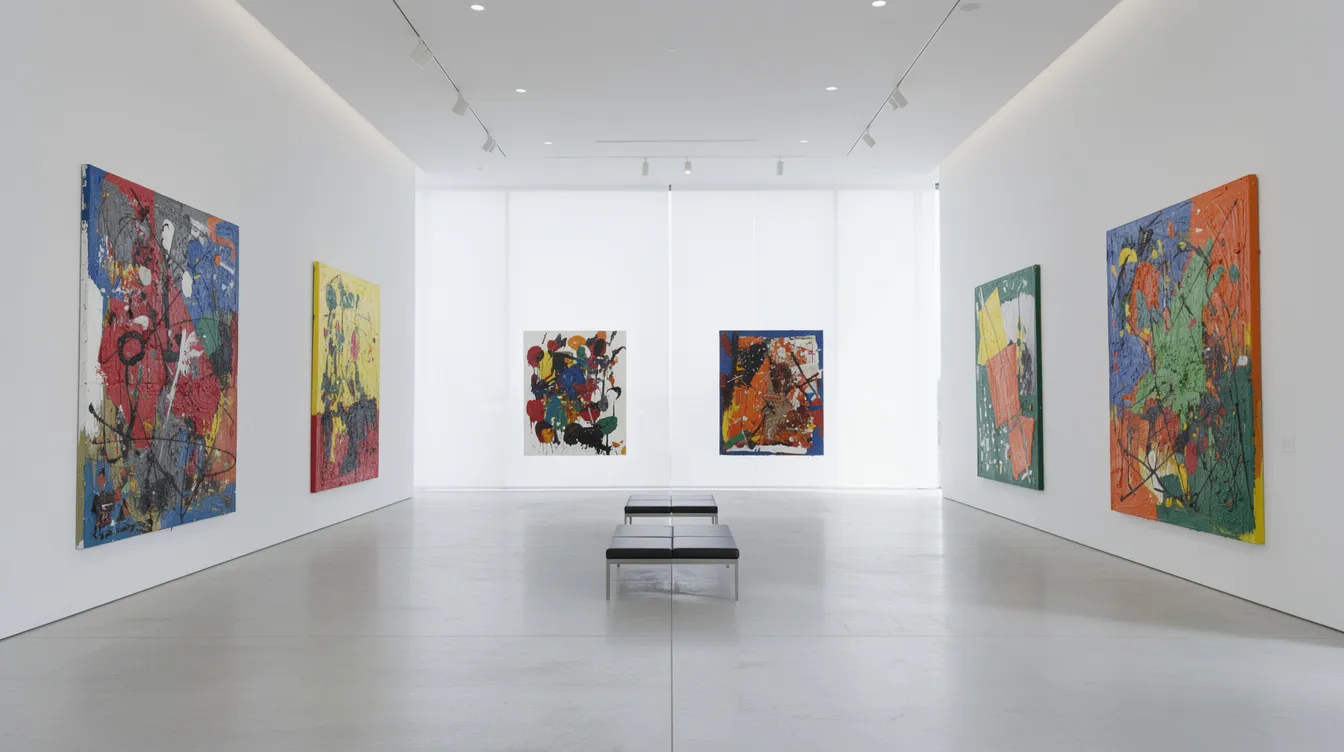 Een galerieruimte met witte muren toont kleurrijke abstracte schilderijen die variëren in vormen en technieken, wat een levendige sfeer creëert voor kunstliefhebbers. Deze kunstwerken, die de creativiteit van verschillende kunstenaars weerspiegelen, zijn een eerbetoon aan de innovatie binnen de kunstwereld.