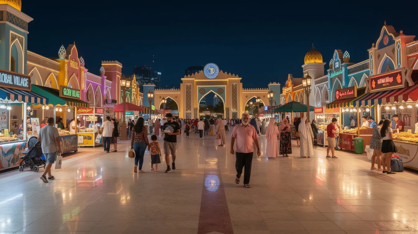 A imagem apresenta o Global Village em Dubai, um complexo de entretenimento que reúne diferentes culturas, com pavilhões representando vários países, incluindo o Brasil. O local é uma atração popular nos Emirados Árabes Unidos, oferecendo uma combinação de comércio, alimentação e apresentações culturais.
