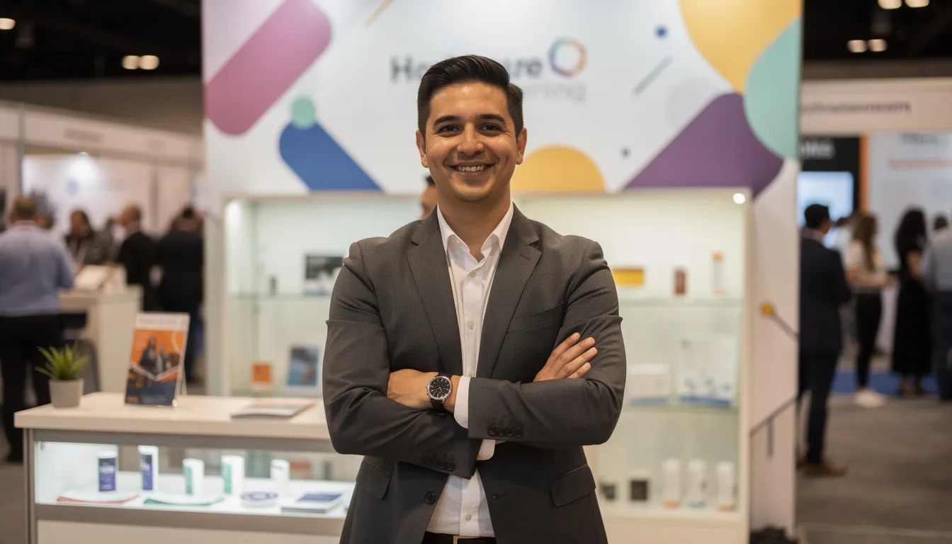 The image depicts a confident small business owner standing proudly at a sales booth during a spring convention expo, showcasing their successful journey in acquiring business funding. The owner exudes a sense of achievement after letting the business grow due to securing funding..