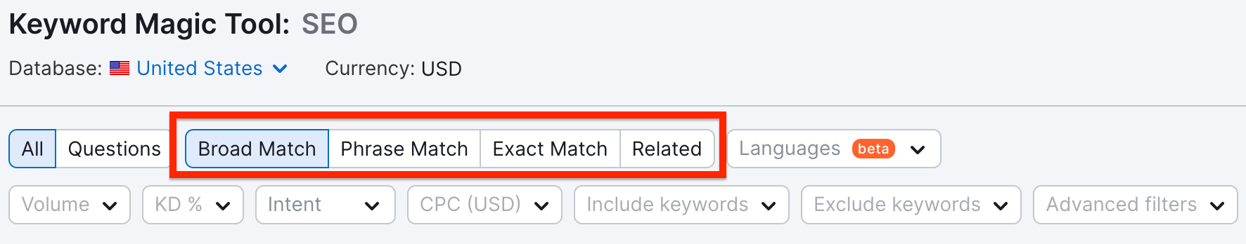 Matching terms of Keyword Explorer Page