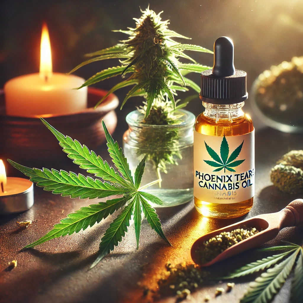 Phoenix Tears cannabis oil in a small glass jar, surrounded by fresh cannabis leaves and natural herbal elements, set in a wellness-themed ambiance with soft lighting.