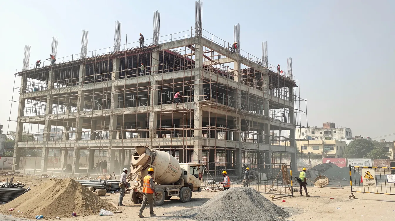 6bdf1676 d3f1 4a37 8240 c5fee0acac01 The image depicts a bustling hotel construction site in India, showcasing a partially completed concrete structure surrounded by scaffolding and workers engaged in various tasks. This scene reflects the ongoing project in the hospitality industry, highlighting the investment opportunities and project costs associated with developing a 3-star hotel.