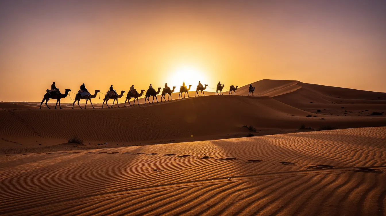 A camel caravan is silhouetted against the golden light of a Sahara sunset, with rolling sand dunes in the background, evoking the serene beauty of Morocco's desert regions. This picturesque scene captures the essence of exploring Morocco in September, a time known for pleasant temperatures and fewer crowds, perfect for outdoor activities like camel rides and desert bike tours.
