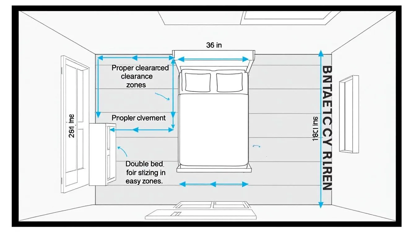 The image depicts a bedroom layout diagram highlighting the proper clearances around a double bed, ensuring ample floor space for movement. It illustrates the placement of bedside tables and emphasises the dimensions necessary for a comfortable sleeping environment for two people.