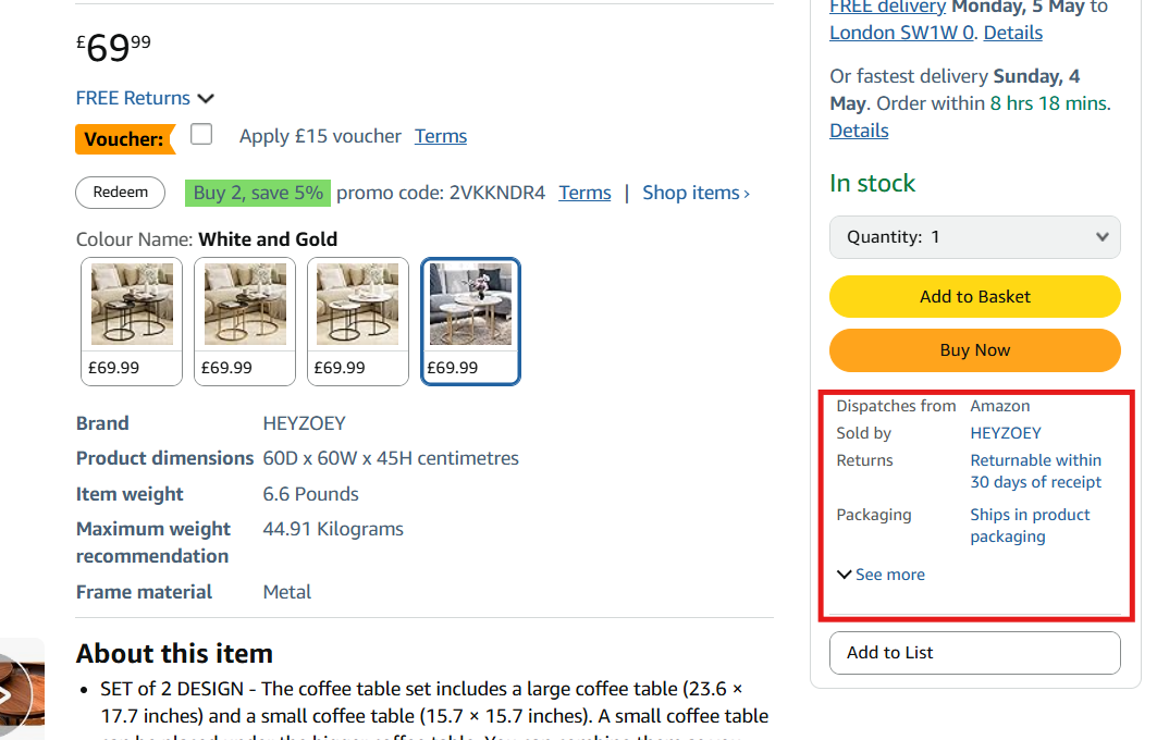 Image showing an Amazon buybox and how it appears on the screen