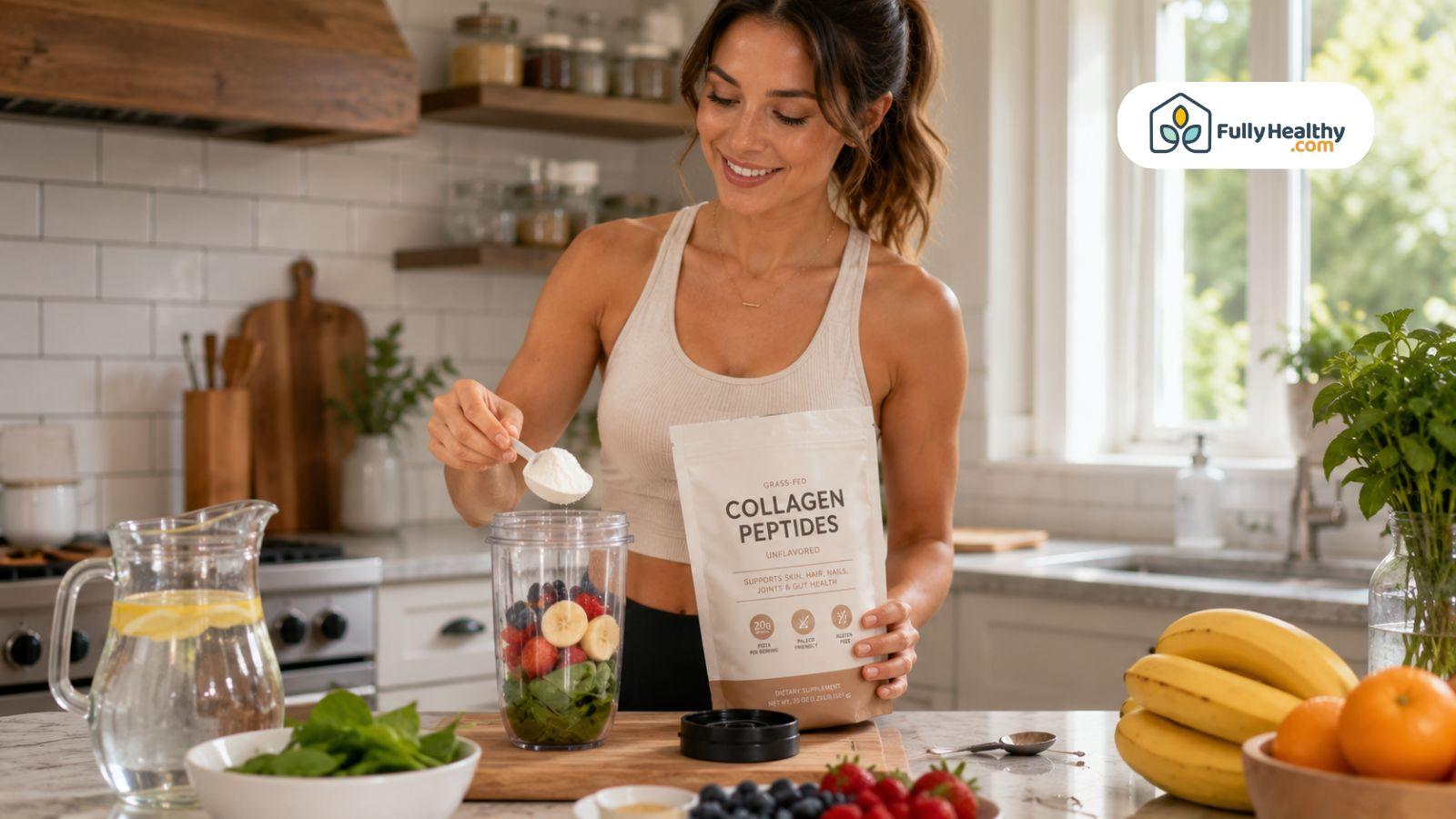 Person adding collagen peptides to smoothie ingredients in bright modern kitchen