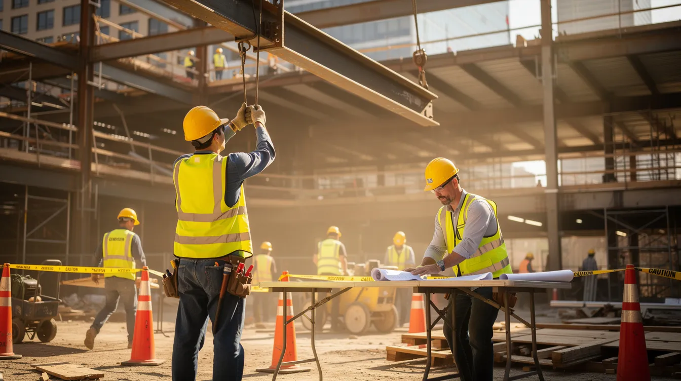 A group of construction workers, wearing hard hats and safety vests, is actively engaged in tasks on a commercial building site, showcasing the essential teamwork and expertise required for new construction projects. Their efforts contribute to maintaining productivity and controlling costs, critical factors for project profitability and successful construction contracts.