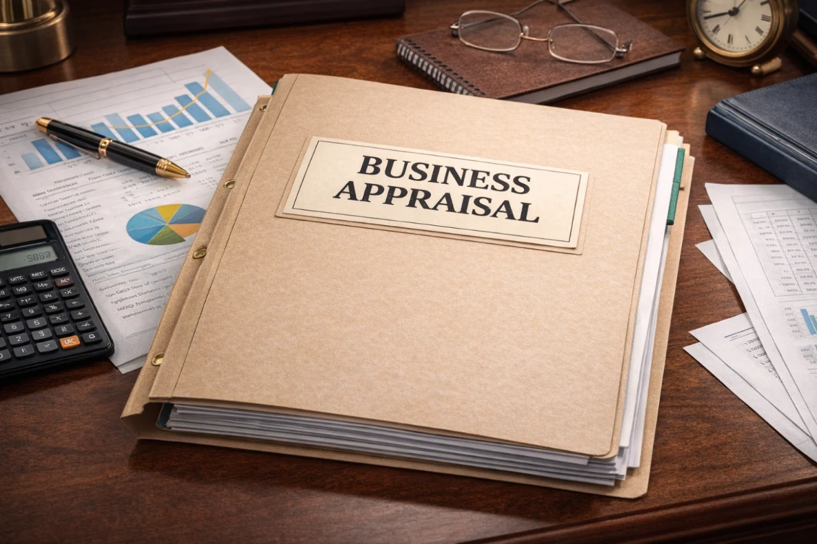 A "Business Appraisal" folder sits on a desk with financial documents, a pen, a calculator, glasses, a notebook, and a clock.