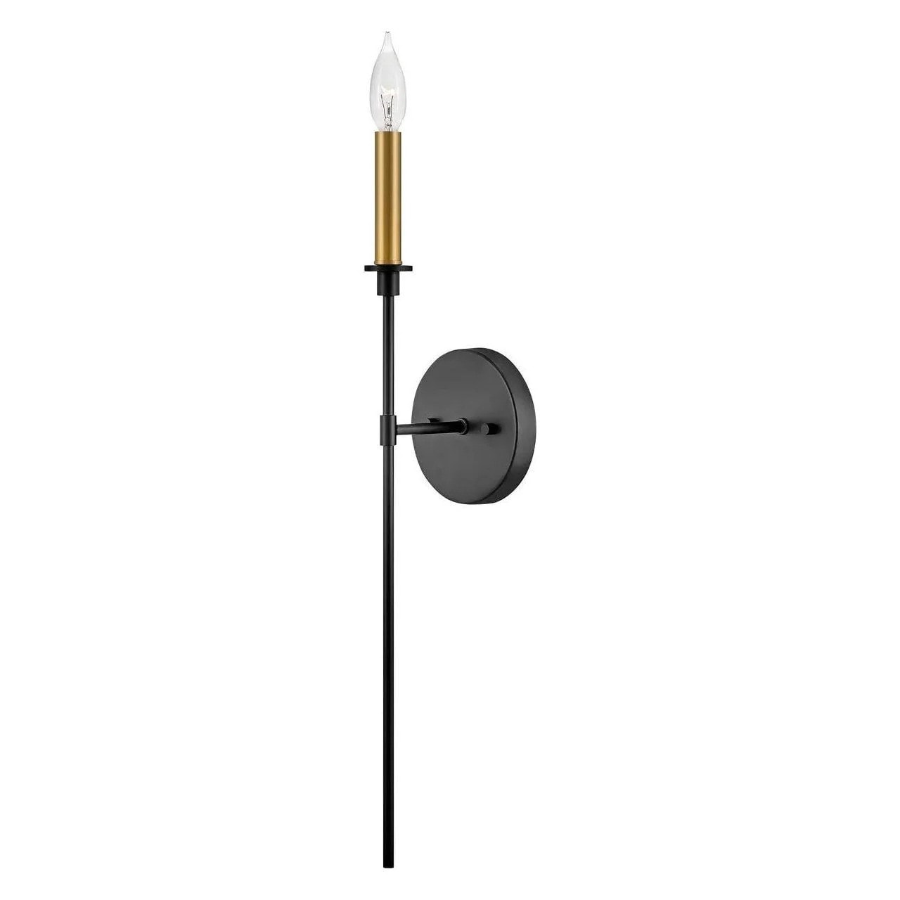 Traditional tall black wall sconce with brass accents, suitable for adding stylish, warm lighting to your home’s interior walls.