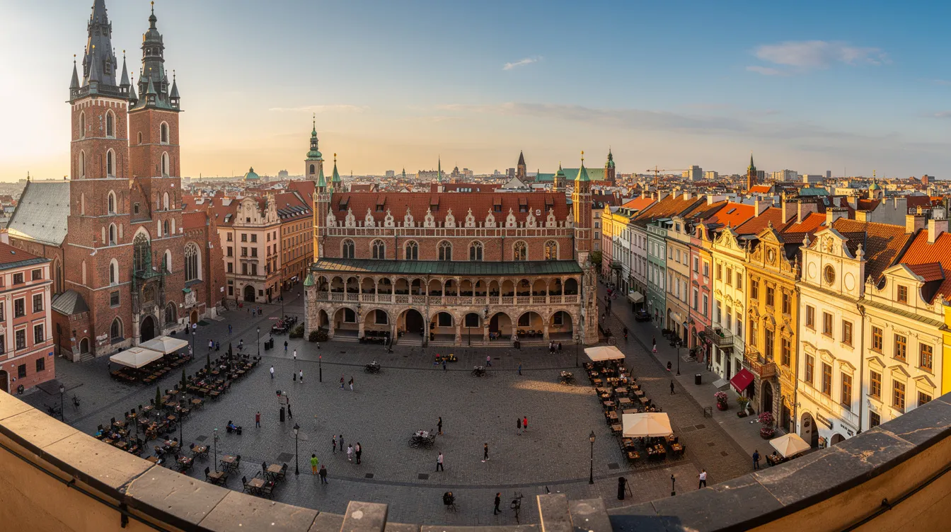 A imagem mostra uma vista panorâmica da antiga cidade de Cracóvia, destacando sua arquitetura histórica e rica em detalhes. Em primeiro plano, é possível ver a famosa Catedral de Wawel, enquanto ao fundo se avistam as ruas e praças que atraem turistas de todo o mundo, refletindo o patrimônio cultural da Polônia.