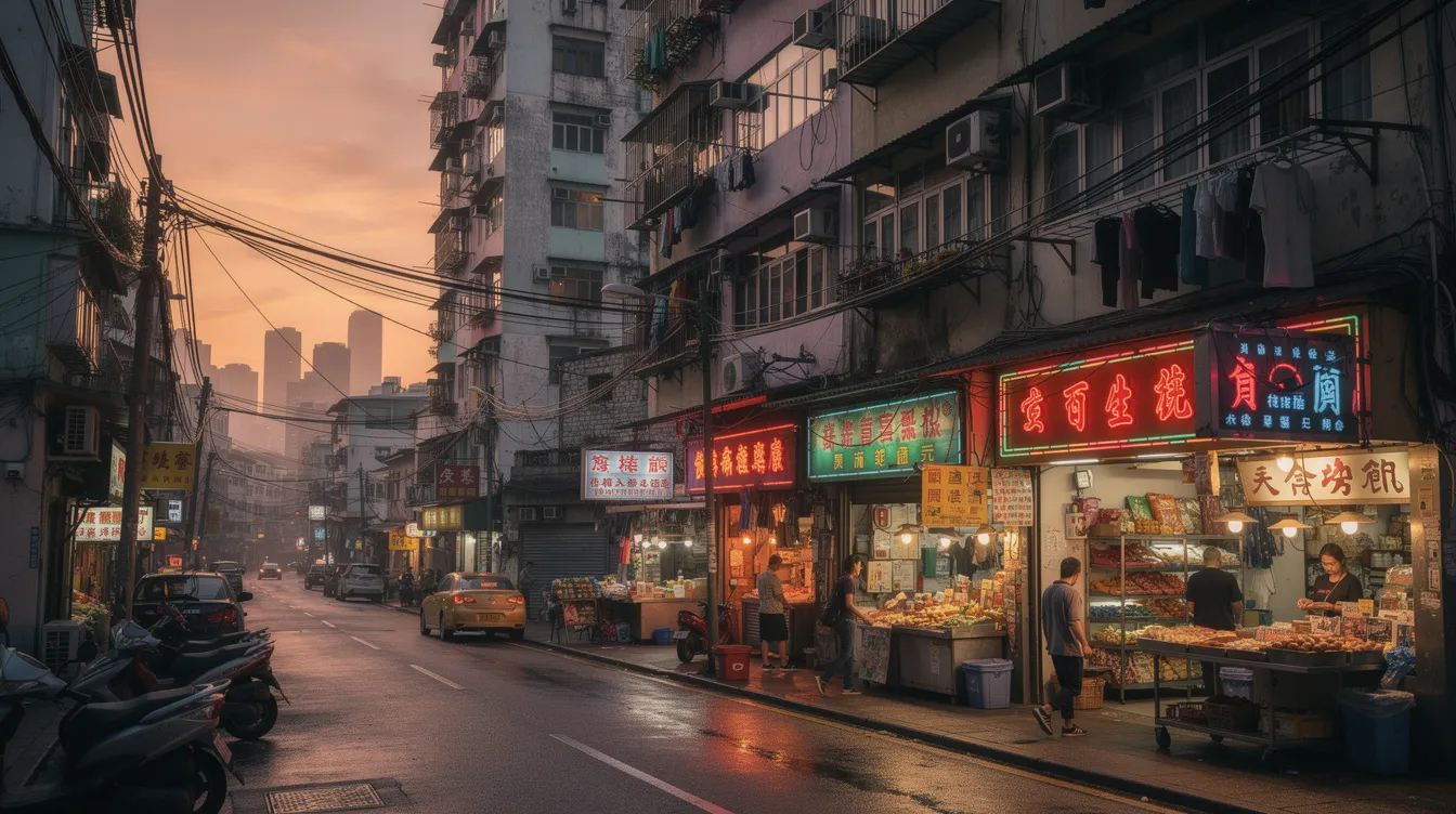 圖片捕捉香港黃昏時分熱鬧街道，展示高樓住宅及小商鋪燈光，反映城市生活繁忙，金融公司可能提供債務重組及二線財務服務幫助個人管理債務。