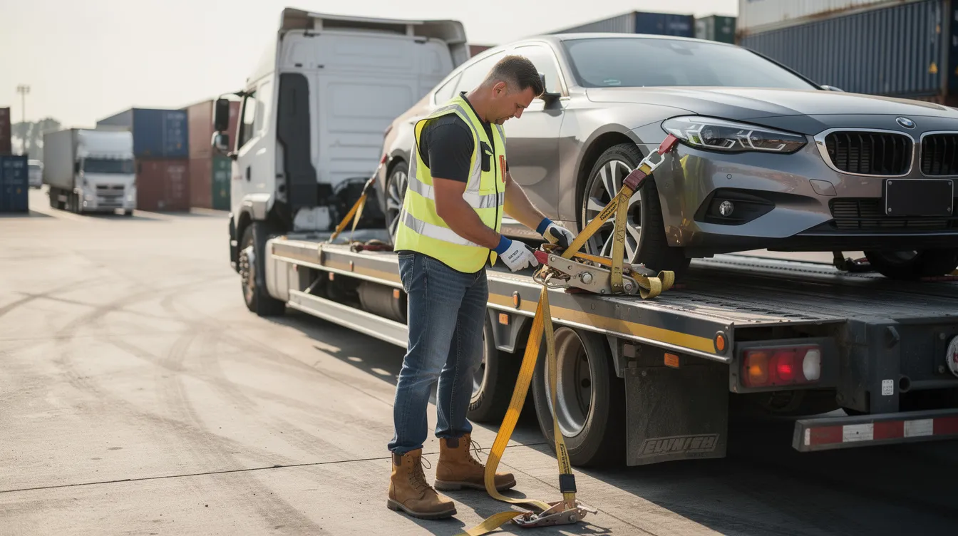 A professional auto transport driver is inspecting the tie-down straps on a flatbed trailer, ensuring that the salvage vehicle is securely fastened for safe transport. The scene highlights the importance of proper loading techniques in the shipping process for inoperable cars and wrecked vehicles.