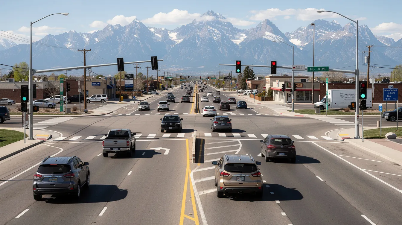 The image depicts a busy intersection in Colorado, featuring multiple lanes and traffic lights, with vehicles approaching from various directions. This scene highlights the potential for a car accident, emphasizing the importance of legal processes such as personal injury lawsuits and the role of car accident attorneys in navigating the complexities of accident cases.