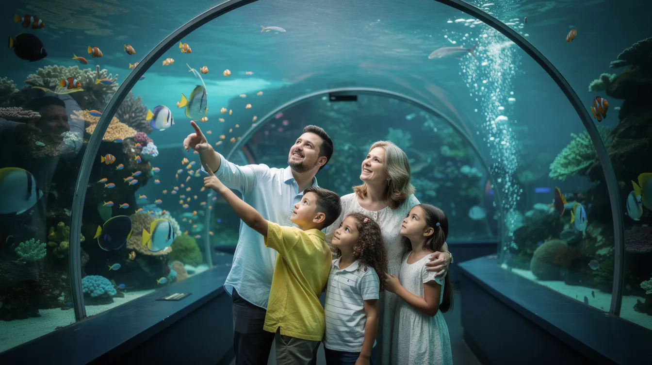 Uma família está observando peixes coloridos tropicais através de um vidro submerso em um aquário marinho, cercados por um ambiente que remete às águas cristalinas e à vida marinha vibrante de Curaçao. A cena captura a curiosidade e a alegria das crianças enquanto admiram a diversidade de espécies que habitam os recifes de corais.
