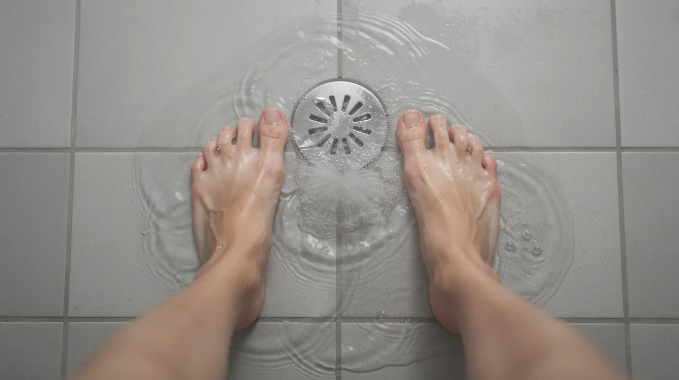 The image shows water pooling around feet in a tiled shower, with a visible drain grate indicating potential drainage issues. This standing water may suggest blocked drains, possibly caused by hair, soap residue, or food debris, which can lead to slow drainage and require drain cleaning or professional assistance.