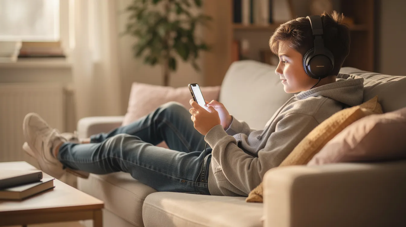 A teen is sitting comfortably at home, wearing headphones and engaged in a phone therapy session, highlighting the accessibility of online therapy for teens. This scene emphasizes the importance of mental health support and healthy coping strategies in a familiar and safe environment.