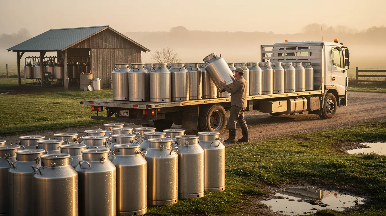 The image shows stainless steel milk collection cans being loaded onto a truck at a rural dairy farm, highlighting the milk collection process crucial for local dairy farmers and the dairy processing business. This scene emphasizes the importance of raw milk suppliers in the dairy industry and the supply chain that supports milk production and quality control.