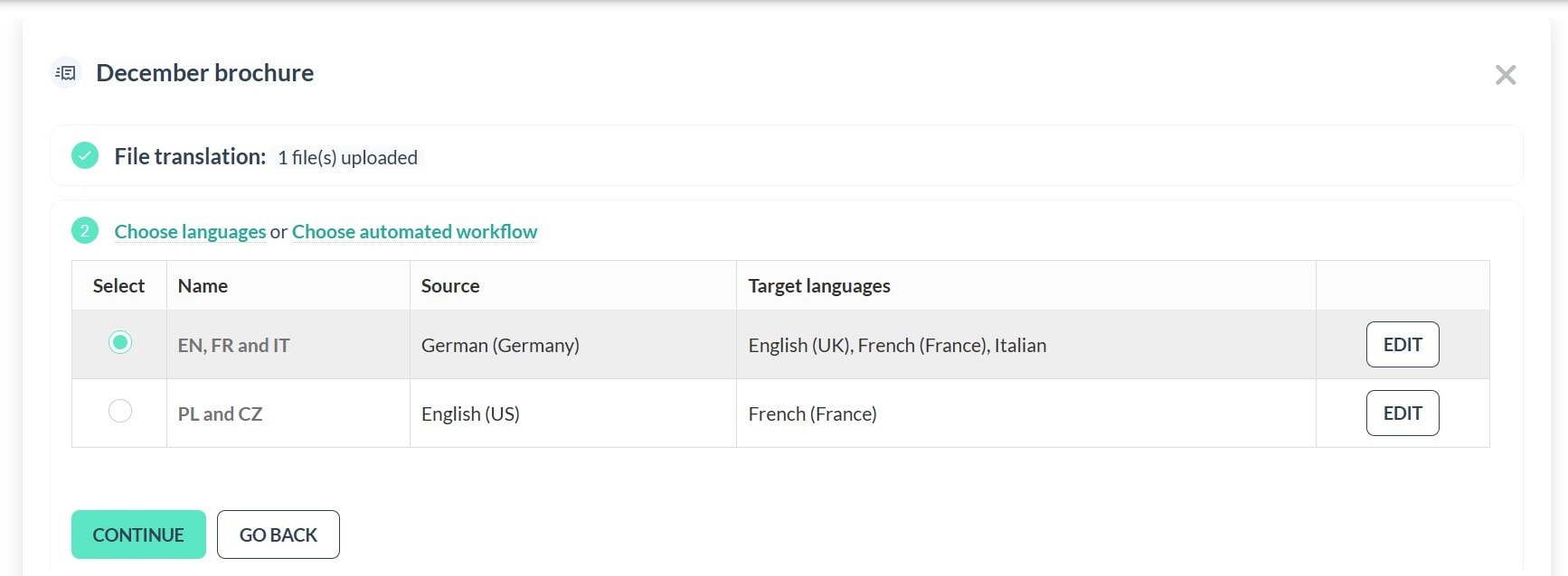 Project creation step with automated workflow options