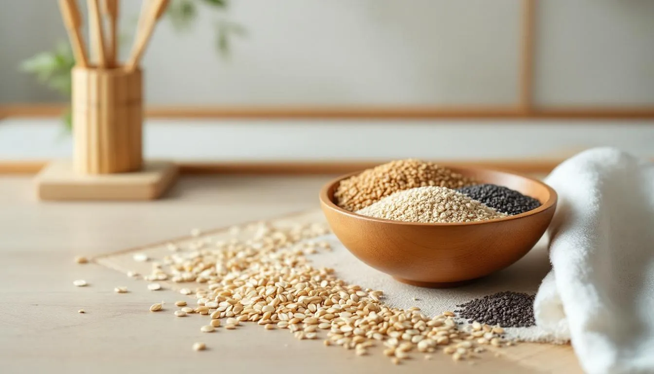 An assortment of cleansing grains including oats and other natural ingredients.