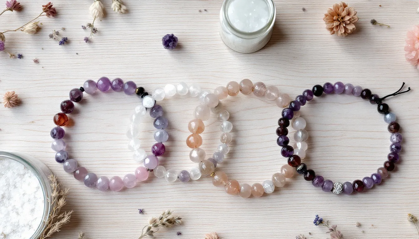 The image showcases a variety of authentic crystal bracelets displayed for sale, highlighting their beauty and craftsmanship. Each bracelet features unique gemstones and is designed to be a perfect fit for any outfit, making them a must-have addition to your jewellery collection.